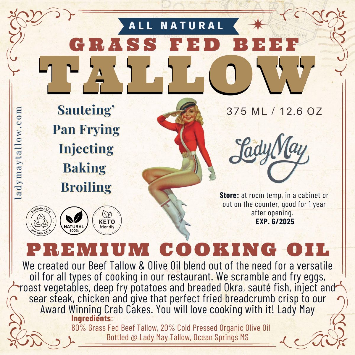 Lady May All Natural Beef Tallow Cooking Oil